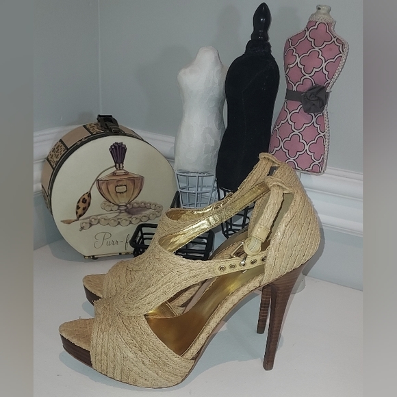 Report Signature Lucie 2 Raffia Straw Platform Sandals/Heels New with Flaws - Picture 2 of 9